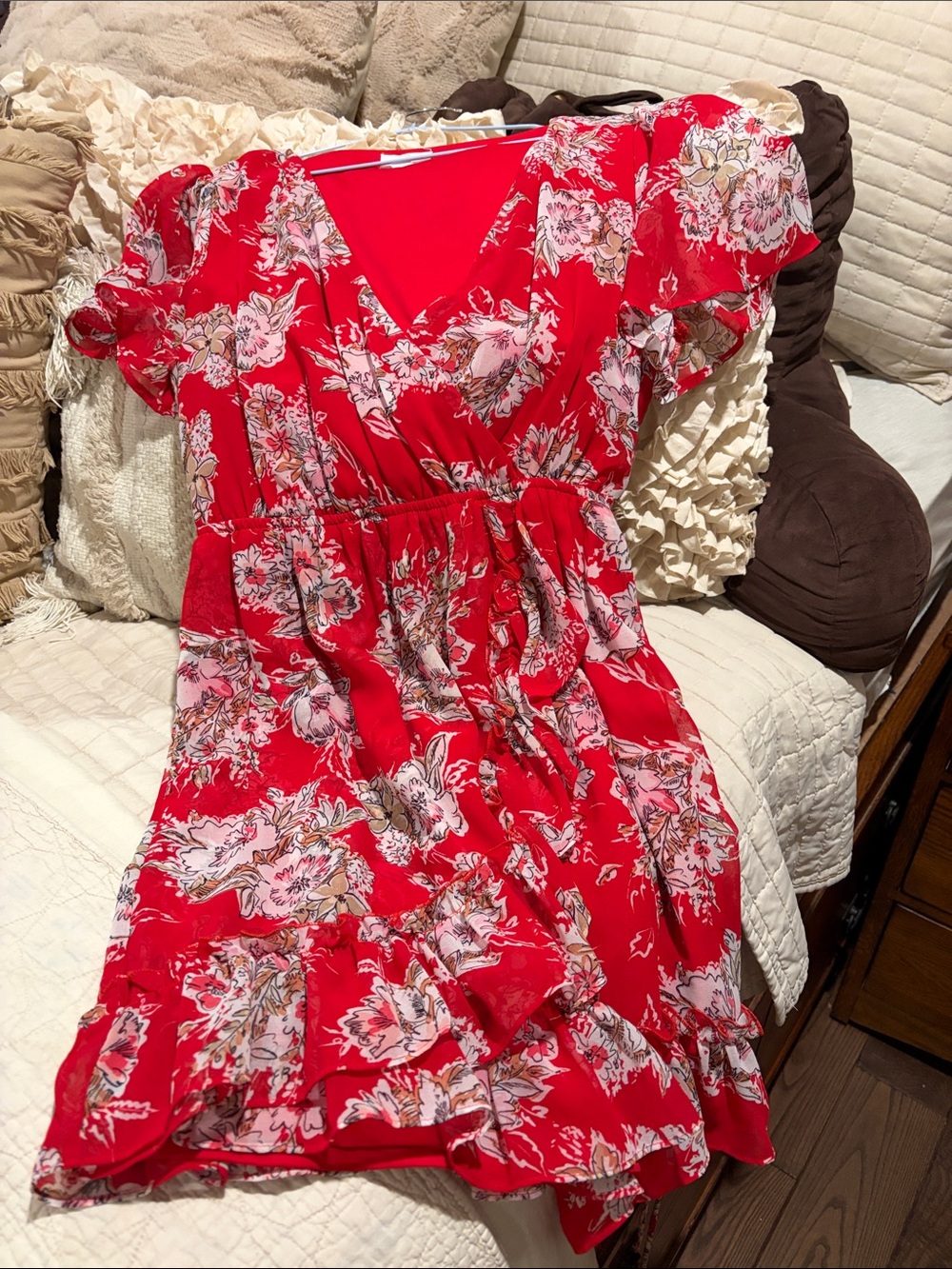 Floral V-Neck Red Summer Dress